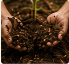 Manos sosteniendo suelo fértil en la finca cafetalera
